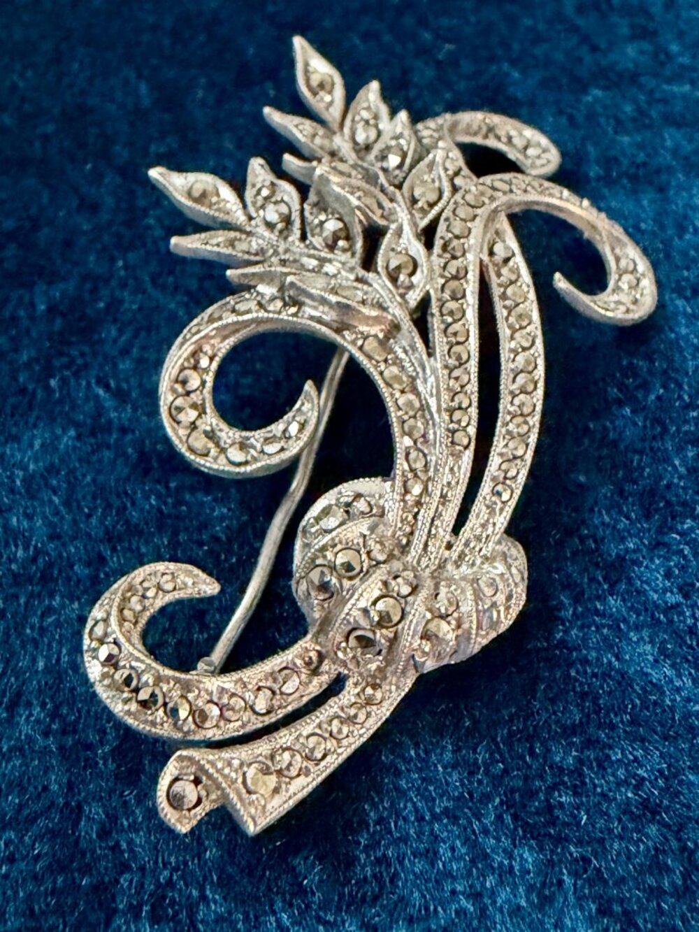 Vintage Art Deco 800 Silver Marcasite Brooch Pin Fern Spray Germany 1930s